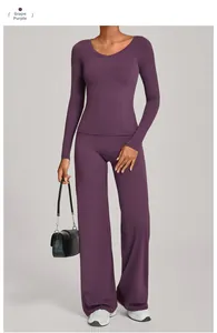 Enges Yoga-Set in Trauben-Lila mit Langarm-Top und Hose mit hoher Taille