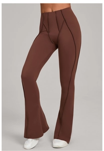 Detailed view of high waisted chocolate flare yoga pants with contrast seam stitching