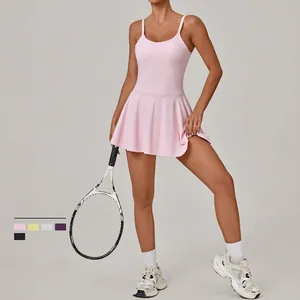 Women Backless Tennis Dress With Built-in Shorts Pocket Chest Pad Pleated Sports Dress For Golf Fitness Yoga Running Top