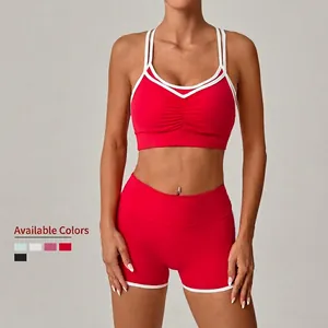 Damen Yoga-Set Mit Kontrastbindung Sport-BH Und Shorts Mit Hoher Taille Geraffter Po Atmungsaktives Fitness-Outfit