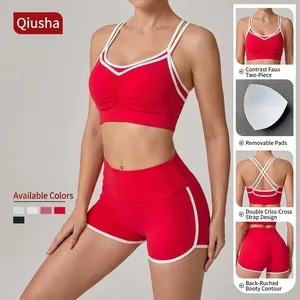 Zweiteiliges Yoga-Set mit Colorblock-Sport-BH und Po-Push-Up-Laufshorts für Damen