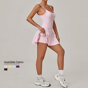 Pink slim fit tennis dress with built-in shorts, open back and breathable padding