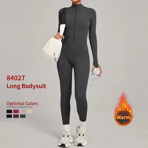 Combinaison de Yoga Doublée de Polaire pour Femmes Col Montant Demi-Zip Manches Longues Body de Sport avec Passes-Pouces Hiver Chaud Fitness