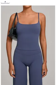 Detail view of Granite Blue high-stretch square neck yoga top and matching leggings