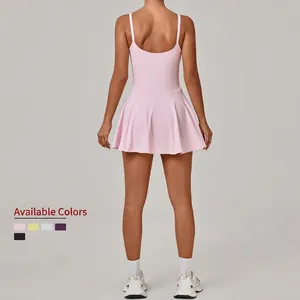 Pink backless athletic tennis dress with pleated hem and built-in bra for women
