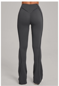 Detail view of high waist yoga flare pants with V-shaped stitching for butt-lifting effect