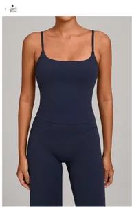 Detail of navy blue high-stretch yoga tank top and matching leggings for women