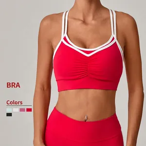 Soutien-Gorge de Sport Froncé pour Femmes Dos Croisé Top de Yoga Rembourré Vêtement de Fitness Gym
