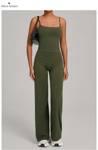 Detail of olive green high-waisted wide-leg yoga pants and camisole sports set