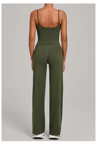 Olive green yoga set featuring a U-back sports top and high-waist wide-leg pants
