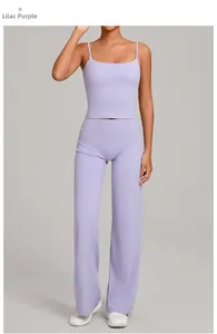 Detail of lilac purple yoga set featuring a camisole top and high-waisted wide-leg pants