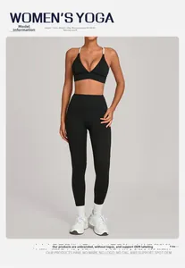 Close-up of black V-neck sports bra and high-waist seamless leggings yoga set details