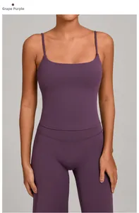 Detailed view of grape purple yoga set featuring slim straps and high-stretch fabric