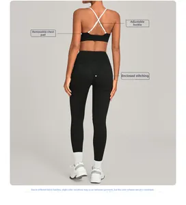 Detail view of high-waist yoga leggings and adjustable sports bra with sharp stitching
