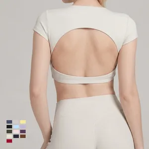 Top Yoga da Donna Schiena Scoperta Manica Corta Cutout Sportivo Cropped Fitness Palestra Top Senza Imbottiture al Petto