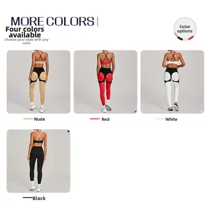 Detail of cross-back sports bra and color-block yoga leggings in four stylish colors