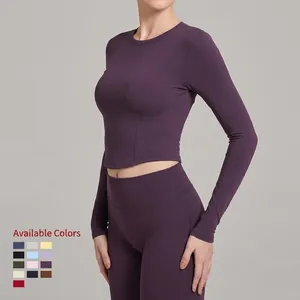 Women's tight long-sleeve yoga set in mulberry purple with high-waist fitness leggings