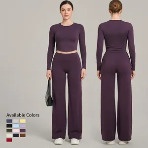 Femme Court Manches Longues Top Et Taille Haute Jambe Large Ensemble Yoga Sensation Nue Haute Élastique Sport Top Et Bottom