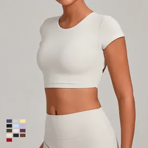 Top corto da yoga grigio chiaro senza schiena per donna, abbigliamento fitness sportivo