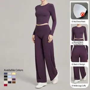 Ensemble de yoga violet pour femmes avec haut court à manches longues et pantalon large