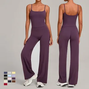 Women Yoga Top And Bottom Athletic Camisole And High Waist Wide Leg Pants Nylon Spandex Gym Workout Sportswear Outfits