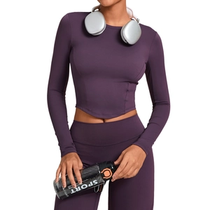 Women tight long sleeve yoga set in deep purple with high waist compression leggings