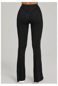 Detailed back view of high waist yoga flare pants with V-shaped seam and lift effect