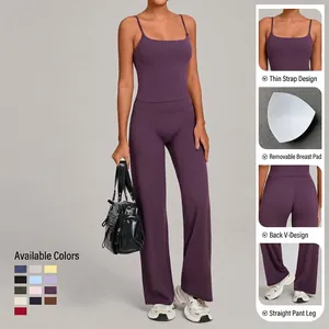 Women's deep purple yoga set with thin straps sports top and high waist straight leg pants