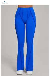 Detail view of high waist royal blue flare yoga pants with V-shaped lifting seams