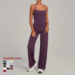 Two-piece deep purple high-waist yoga set with thin strap tank top and flared pants