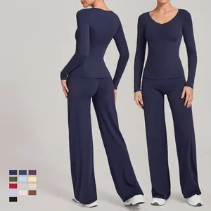 Damen Nahtloses Yoga-Set Nacktgefühl Hohe Taille Weites Bein Hose Langarm Top And Bottom Fitnessanzug