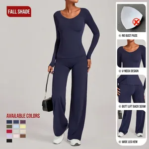 Yoga-Set für Damen mit langärmeligem V-Ausschnitt-Top und weiter Hose in Marineblau