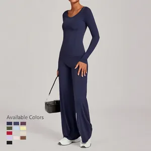Damen Yoga-Set in Dunkelblau mit langärmligem Oberteil und weit geschnittener Hose