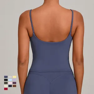 Slim fit backless yoga tank top in dark blue matte fabric with cross straps