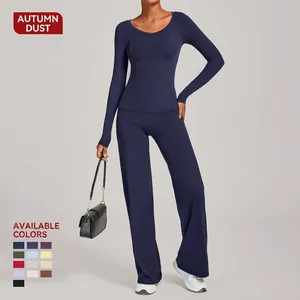 Damen Yoga-Set mit engem Langarmshirt und hoch taillierter Schlaghose in Dunkelblau