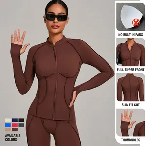 Veste de yoga cintrée pour femme avec fermeture éclair et passe-pouces en marron