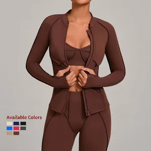 Ensemble de yoga 3 pièces avec veste zippée, brassière et legging en marron chocolat