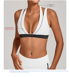 Détail d'un soutien-gorge de yoga blanc avec bordure noire et large bande élastique