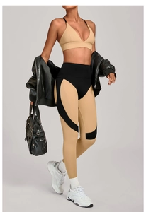 Slim fit high waist yoga set with khaki sports bra and tricolor patchwork leggings detail