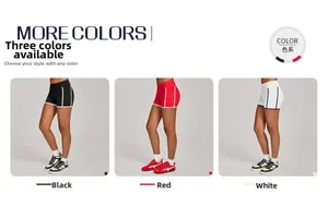 Vue en trois parties de shorts de yoga taille haute avec poches et rayures contrastées