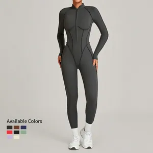 Body de yoga gris foncé à manches longues avec col zippé et coutures contrastées