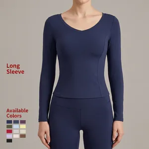 Haut de Yoga Fitness Manches Longues Col en V pour Femmes Respirant Séchage Rapide Nylon Élasthanne Sport Gym Running Pull-over