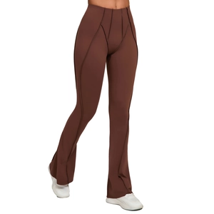 Brown high-waisted flare yoga pants with decorative stitching and body-shaping fit