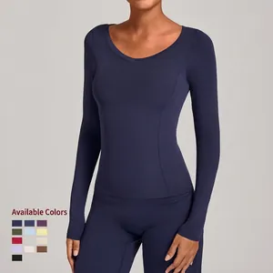 Haut de yoga à manches longues et col en V pour femme en tissu respirant bleu marine