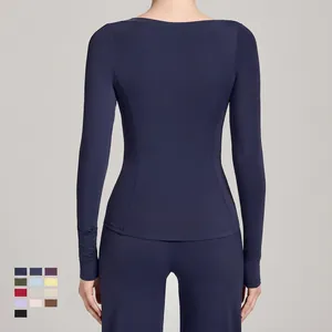 Veste de yoga moulante à manches longues bleu marine avec coutures ergonomiques
