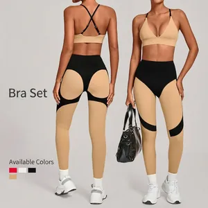 Women Color Block Yoga Top And Bottom High Waist Butt Lifting Sports Gym Tracksuit Breathable Nylon Spandex Athletic Activewear