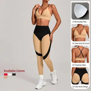 Two-piece color-block yoga set with high-waist leggings and V-neck criss-cross sports bra