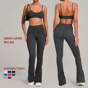 Haut De Yoga Et Pantalon Évasé Pour Femmes Côtelé Taille Haute Tenue De Sport Coupe Slim Soutien Gorge De Sport Leggings