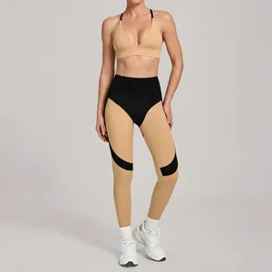 Two-piece color block yoga set with V-neck sports bra and high-waist leggings