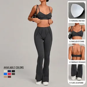 Ensemble de yoga gris anthracite pour femme avec brassière de sport et legging évasé